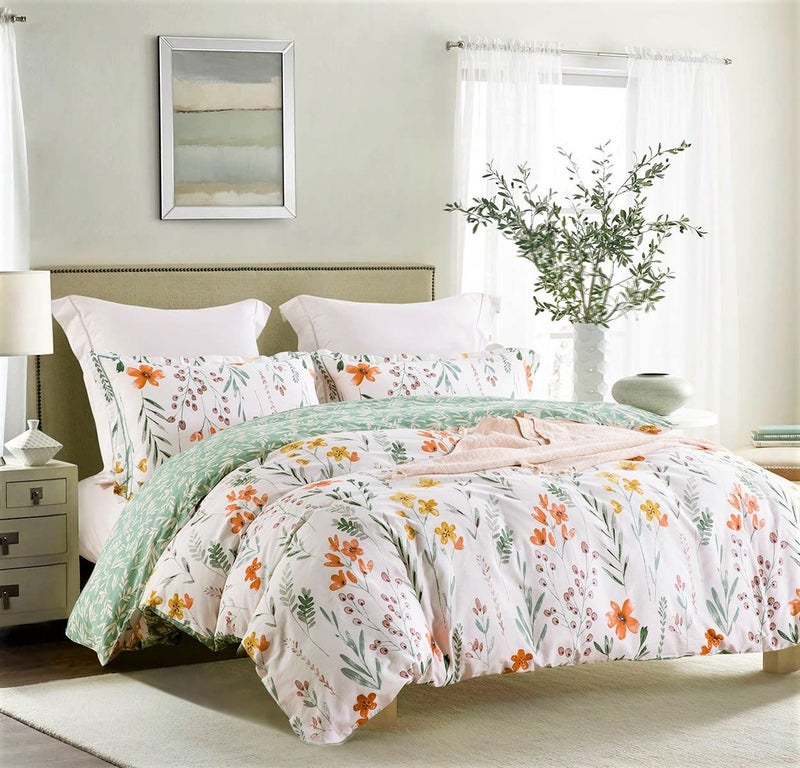 SLEEPBELLA King Size Comforter Set Yellow Flowers & Green Botanical Pattern Printed on White 100% Cotton Fabric, Ultra Soft Microfiber Inner Fill 3Pcs Bedding Set - Image 2